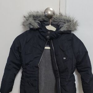 Calvin Klein Kids Dark Puffer Jacket with Faux Fur Trim